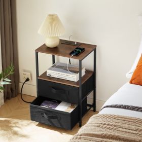 End Table With Charging Station, Nightstand With USB Port, Outlet And Fabric Bag, 2 Drawers Open Storage Shelf Side Table, Sofa Cabinet For Livin