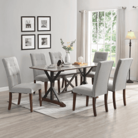 Modern Dining Table For 6-8, 7 Piece Kitchen Dining Table Set, Gray Sintered Stone Dining Table With 6 Tufted Upholstered Chairs, 63-inch Rectang