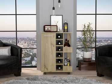 Bar Cart; Two External Shelves; Four Casters; Six Built-in Wine Rack; Single Door Cabinet -Light Oak