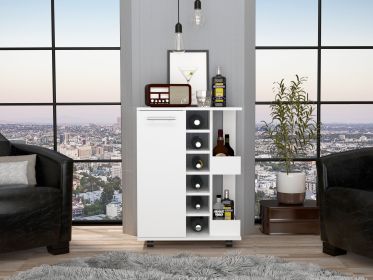 Bar Cart; Two External Shelves; Four Casters; Six Built-in Wine Rack; Single Door Cabinet -White