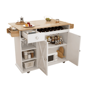 Kitchen Island Trolley With Solid Wood Top, Wine Storage, Spice Rack, Towel Rack, Wine Glass Holder
