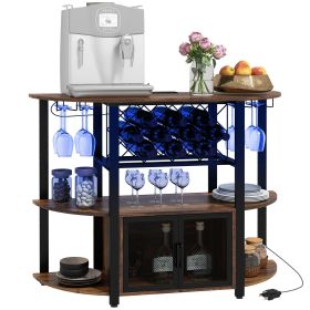 HOMCOM Wine Bar Cabinet with Charging Station and LED Lights, Industrial Liquor Cabinet Bar Stand for Home with 10-bottle Wine Rack, Glass Holders