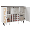 White Faux Rattan Barn Door Wine Cabinet with Wine Rack and Wine Glass Rack, Double Door Design with Removable Shelves, Rustic Wood Storage Cabinet