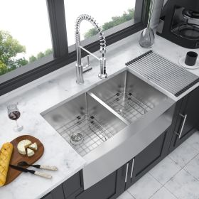 Double Bowl (50/50) Farmhouse Sink - 33"x21"x10" Stainless Steel Apron Front Kitchen Sink 16 Gauge with Two 10" Deep Basin