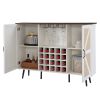 White Faux Rattan Barn Door Wine Cabinet with Wine Rack and Wine Glass Rack, Double Door Design with Removable Shelves, Rustic Wood Storage Cabinet