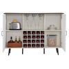 White Faux Rattan Barn Door Wine Cabinet with Wine Rack and Wine Glass Rack, Double Door Design with Removable Shelves, Rustic Wood Storage Cabinet