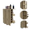 Bar Cart; Two External Shelves; Four Casters; Six Built-in Wine Rack; Single Door Cabinet -Light Oak