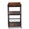 32.6'' Tall Industrial Style Rolling Kitchen Island Wine Cart with Black Finished, Fir Wood Mobile Metal Wine Bar Cart with Glass Rack, Oak Brown