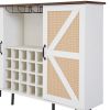 White Faux Rattan Barn Door Wine Cabinet with Wine Rack and Wine Glass Rack, Double Door Design with Removable Shelves, Rustic Wood Storage Cabinet