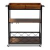 32.6'' Tall Industrial Style Rolling Kitchen Island Wine Cart with Black Finished, Fir Wood Mobile Metal Wine Bar Cart with Glass Rack, Oak Brown