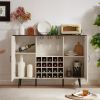 White Faux Rattan Barn Door Wine Cabinet with Wine Rack and Wine Glass Rack, Double Door Design with Removable Shelves, Rustic Wood Storage Cabinet