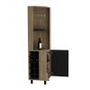 Kaia 70" Tall Corner Bar Cabinet With Four Shelves, Ten Wine Bottle Cubbies and Stemware in Natural Oak - Black