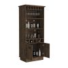 Dundee 70-Inch High 10-Glass Bar Cabinet with 5 Cubbies and 3 Open Shelves and Cabinet Dark Brown