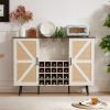 White Faux Rattan Barn Door Wine Cabinet with Wine Rack and Wine Glass Rack, Double Door Design with Removable Shelves, Rustic Wood Storage Cabinet