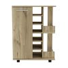 Bar Cart; Two External Shelves; Four Casters; Six Built-in Wine Rack; Single Door Cabinet -Light Oak