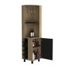 Kaia 70" Tall Corner Bar Cabinet With Four Shelves, Ten Wine Bottle Cubbies and Stemware in Natural Oak - Black