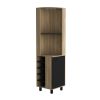 Kaia 70" Tall Corner Bar Cabinet With Four Shelves, Ten Wine Bottle Cubbies and Stemware in Natural Oak - Black