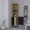 Kaia 70" Tall Corner Bar Cabinet With Four Shelves, Ten Wine Bottle Cubbies and Stemware in Natural Oak - Black