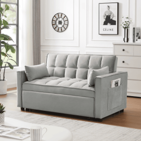Modern Velvet Loveseat Futon Sofa Couch W Pullout Bed,Small Love Seat Lounge Sofa W Reclining Backrest,Toss Pillows, Pockets,Furniture For Living (Option: Gray)
