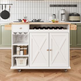 44 Inch Kitchen Island Cart with Solid Wood Top, Wine Storage, Spice Rack, Towel Rack, Wine Glass Holder, Rolling Kitchen Island Table on Wheels (Color: as Pic)