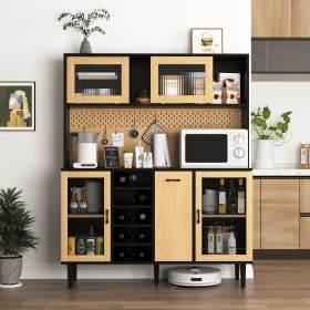 59" H Buffet Sideboard Cabinet with Storage Door & Power Outlet, Farmhouse Coffee Bar Cabinet with Wine Rack, Kitchen Pantry Living Room Black&Natural (Color: as Pic)