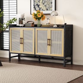Rustic Sideboard with Decorative Rattan Doors and Adjustable Shelves for Entryway,Dining Room,or Living Room (Material: MDF, Color: Black+Natural)