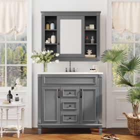 36'' Bathroom Vanity with Top Sink, Grey Mirror Cabinet, Modern Bathroom Storage Cabinet with 2 Soft Closing Doors and 2 Drawers (Material: MDF, Color: Grey)