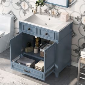 30'' Bathroom Vanity with Resin Sink,Solid Wood Frame Bathroom Storage Cabinet with Soft Closing Doors,Retro Style (Material: Solid Wood+MDF+Resin, Color: Blue)