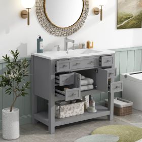 36'' Bathroom Vanity with Top Sink, Modern Bathroom Storage Cabinet with 2 Soft Closing Doors and 6 Drawers, Single Sink Bathroom Vanity (Material: MDF, Color: Grey)