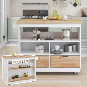 Rolling Kitchen Island with Storage, Two-sided Kitchen island Cart on Wheels with RubberWood Top,Wine and Spice Rack (Color: as Pic)