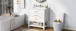 Modern 30 inch Navy Blue/White Bathroom Vanity Cabinet Combo with Open Storage, Two Drawers
